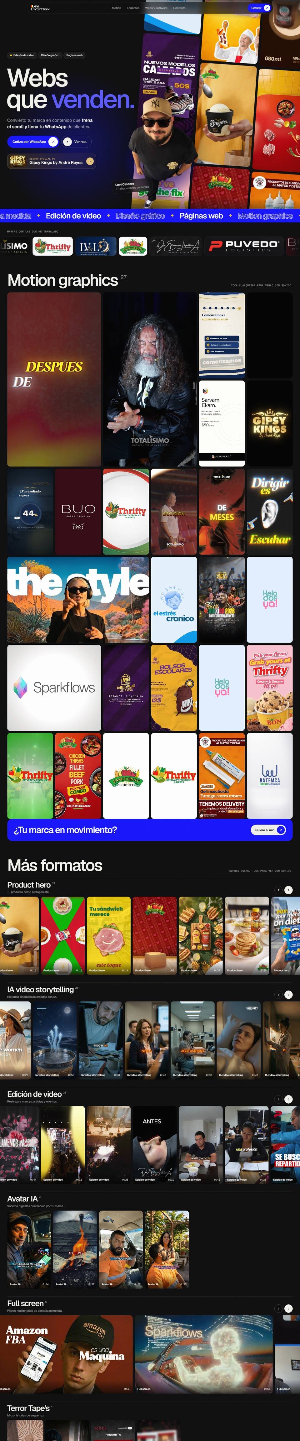 Captura de este portafolio: diseño oscuro con muro de videos